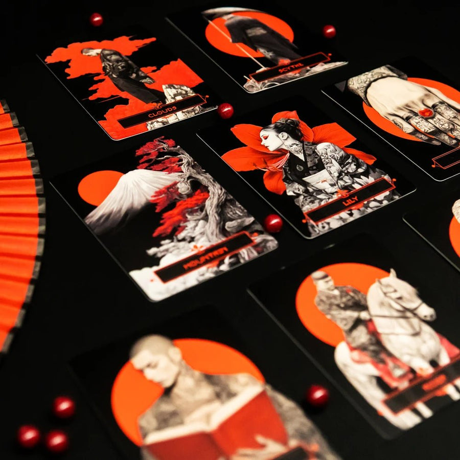 Yakuza Lenormand cards Clouds, Scythe, Mountain, Lily and Rider in red and black art