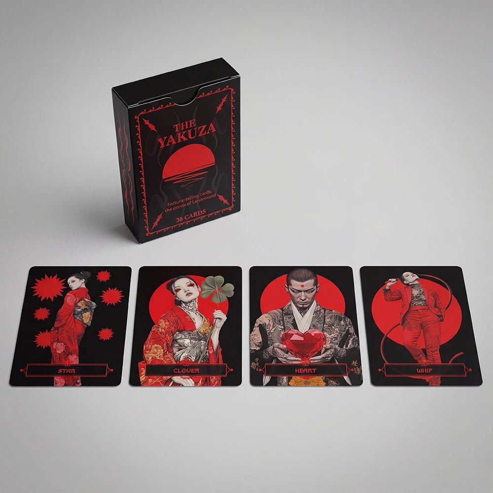 Yakuza Lenormand deck box with four cards displayed in a row on a clean white background