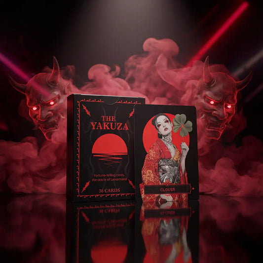 Yakuza Lenormand deck box and card with geisha illustration surrounded by red smoke and demon masks