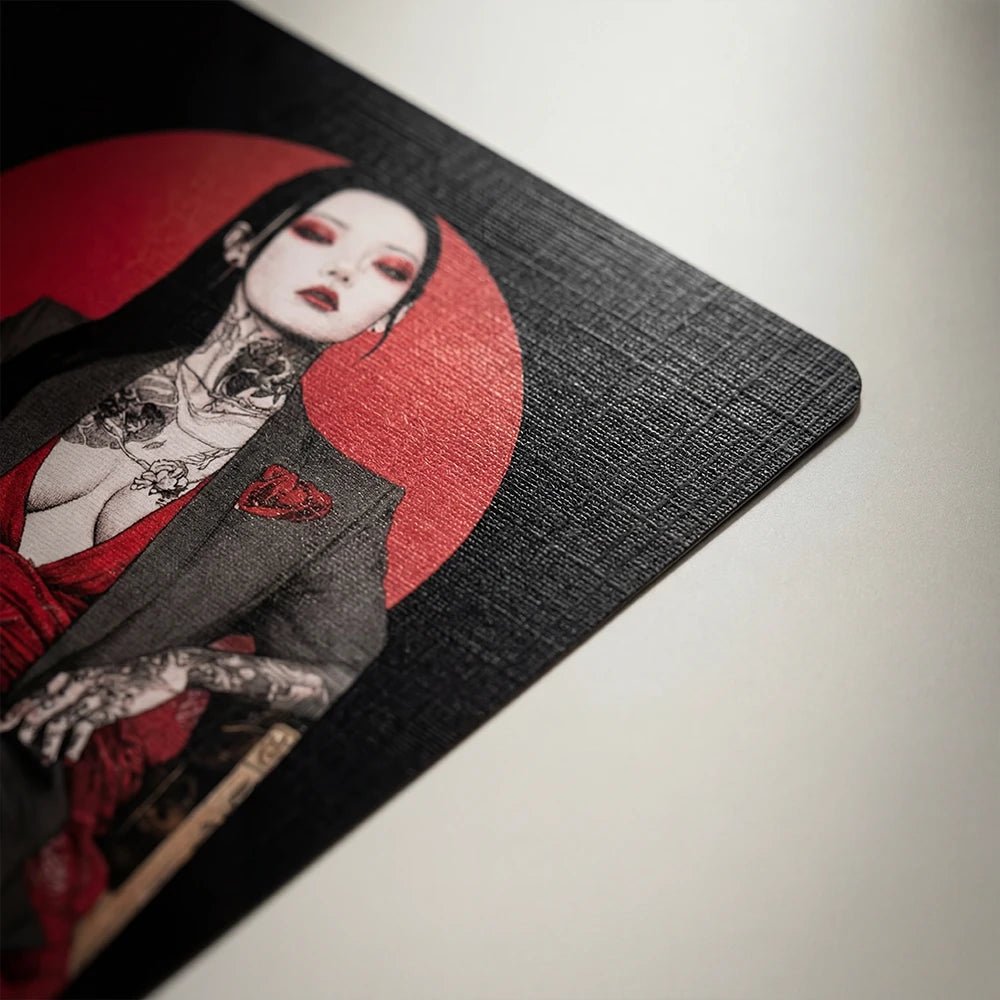 Close-up of Yakuza Tarot card showing linen texture, red circle background and tattooed character