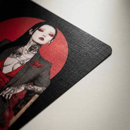 Close-up of Yakuza Tarot card showing linen texture, red circle background and tattooed character