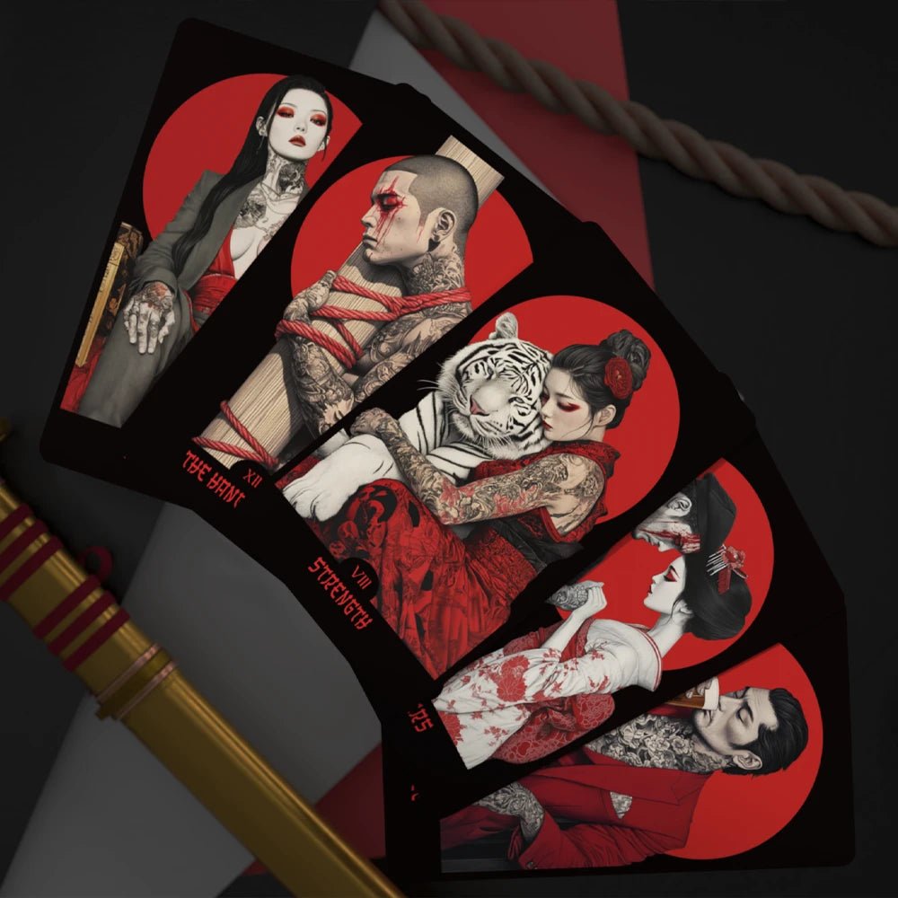 Yakuza Tarot major arcana cards fanned out with red circles, tattoos and dramatic black background