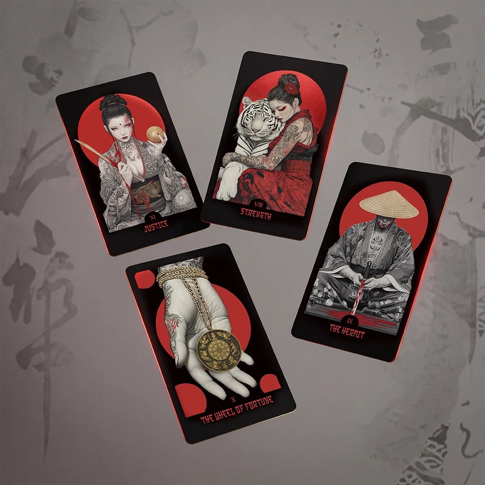 Yakuza Tarot major arcana cards on light background showing Justice Strength Hermit and Wheel of Fortune