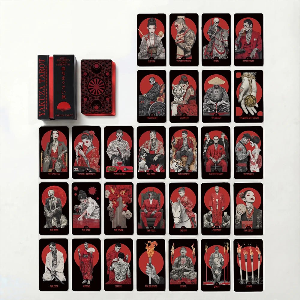 Full card lineup sheet for Yakuza Tarot 81-card deck, front designs shown as a grid