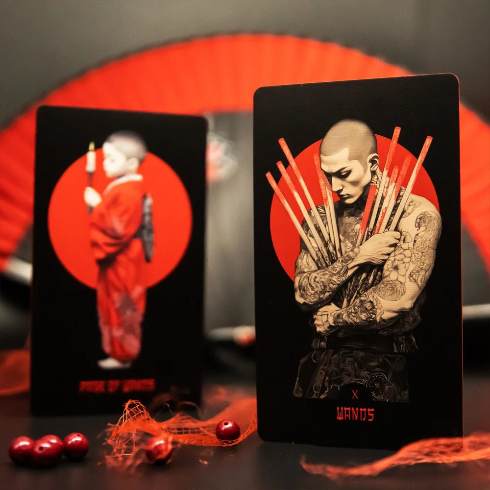 Yakuza Tarot Ten of Wands card with tattooed man holding rods, red fan background and dramatic lighting